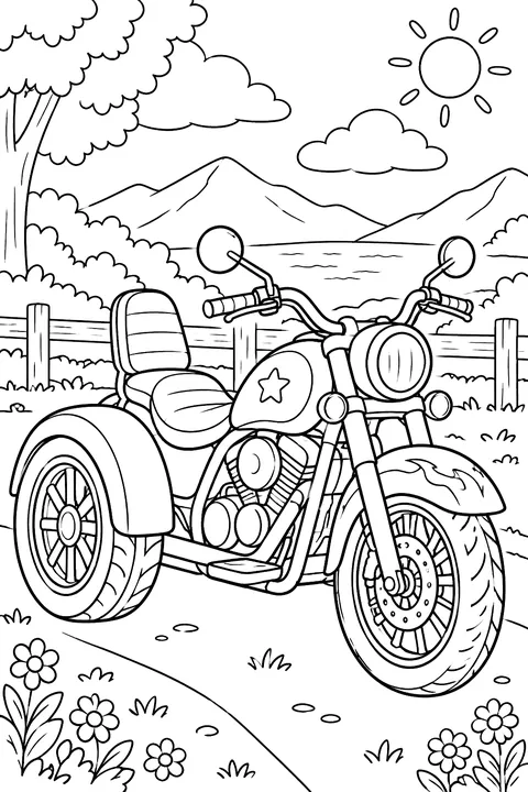 Three-wheeled trike motorcycle coloring page