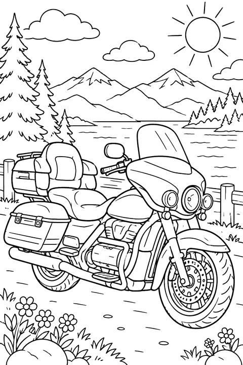 Touring motorcycle with saddlebags coloring page