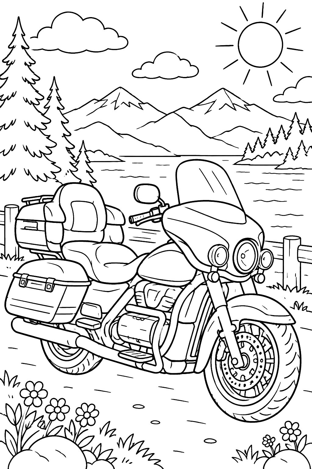Touring motorcycle with saddlebags coloring page
