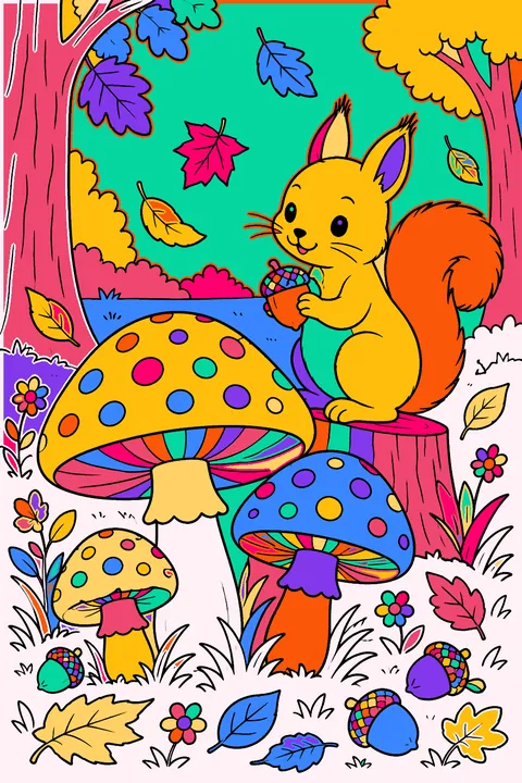 Mushroom patch in autumn with falling leaves, acorns and a squirrel coloring page