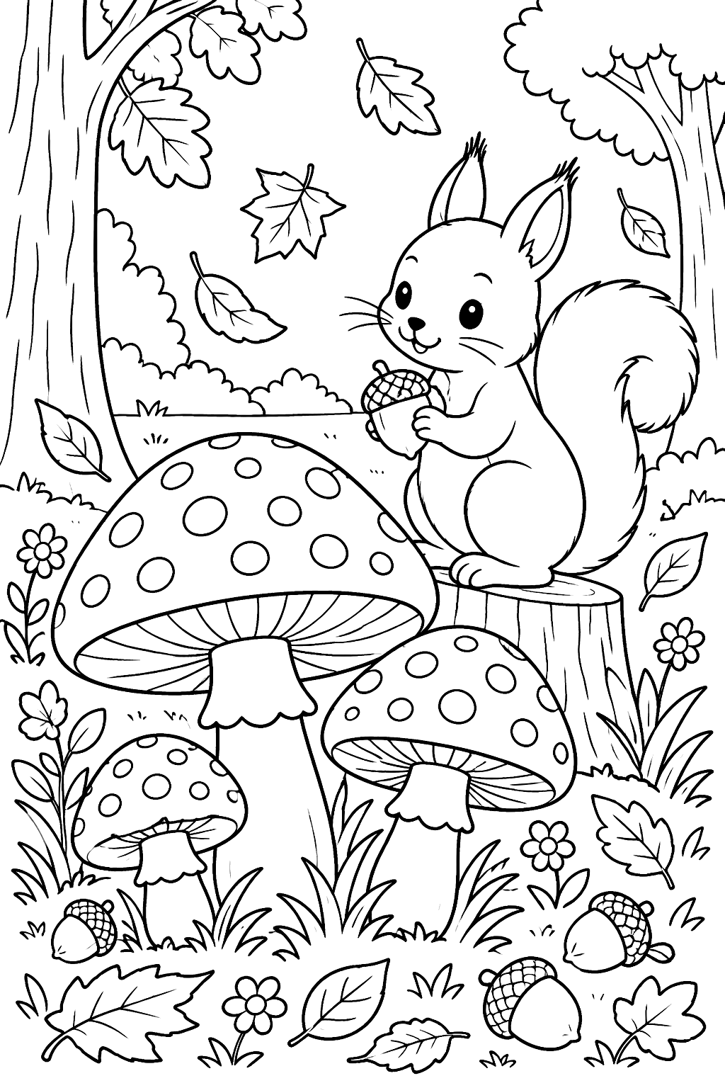 Mushroom patch in autumn with falling leaves, acorns and a squirrel coloring page