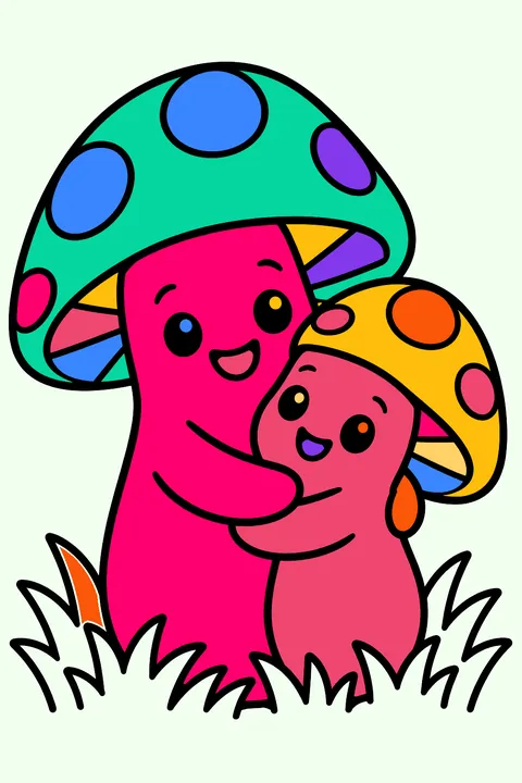 Mushroom best friends, two cute mushrooms hugging in the grass coloring page