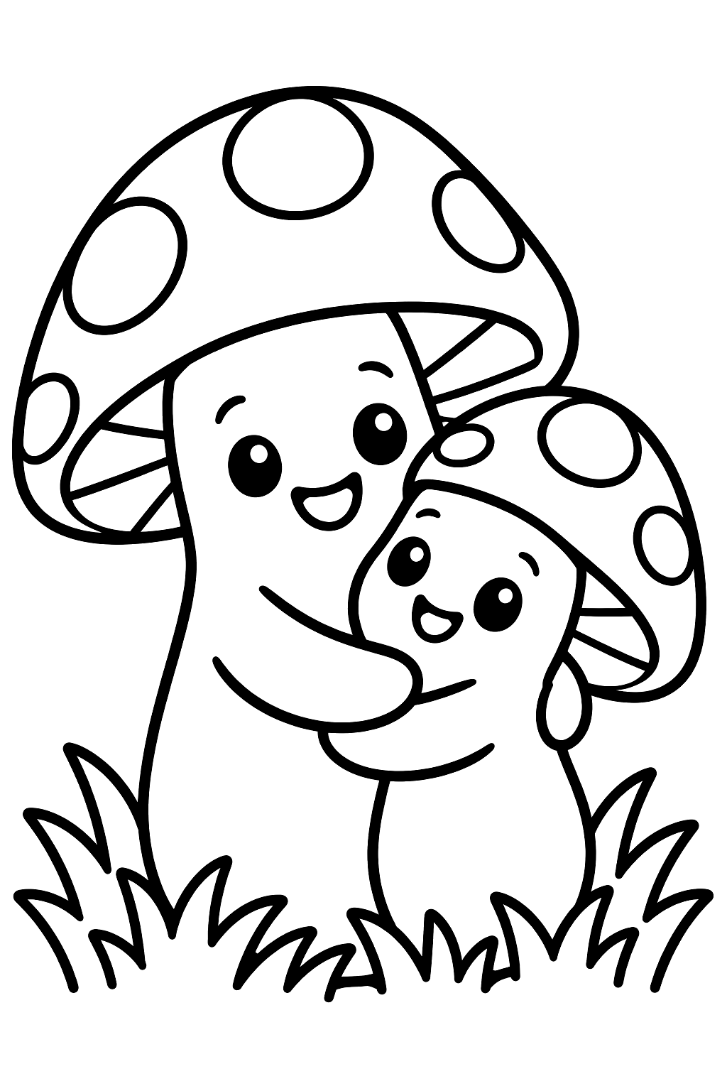 Mushroom best friends, two cute mushrooms hugging in the grass coloring page