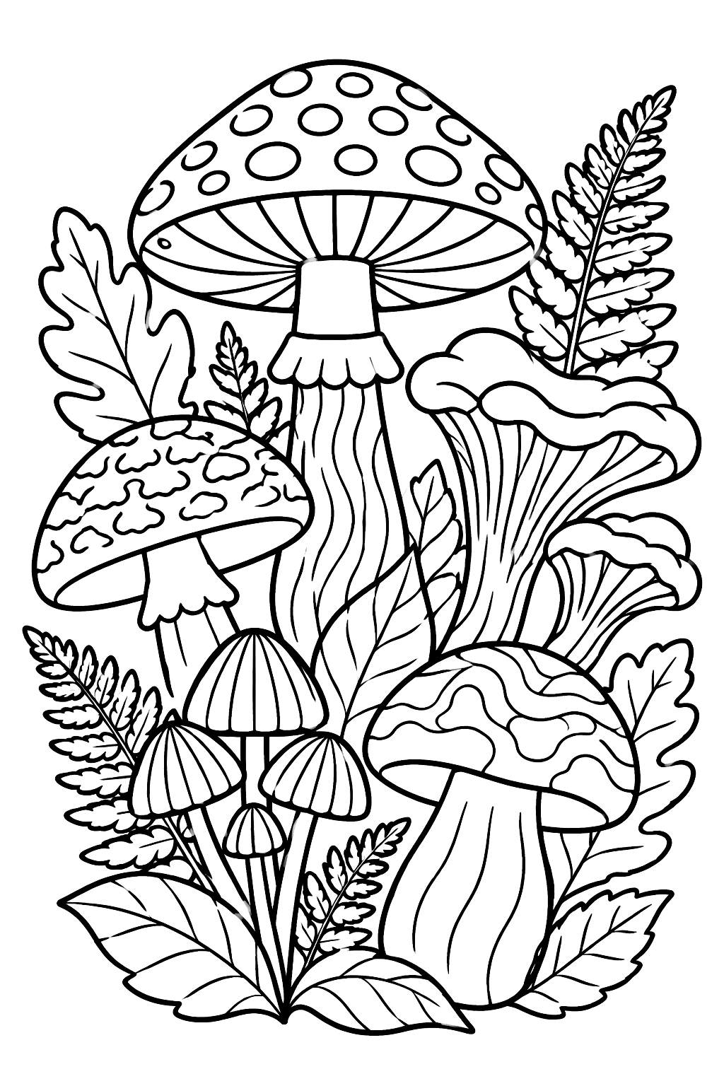 Mushroom botanical illustration of different mushroom species with leaves and ferns coloring page