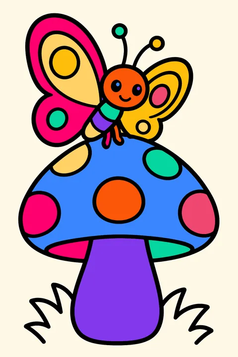 Mushroom with a butterfly landing gently on its round cap coloring page