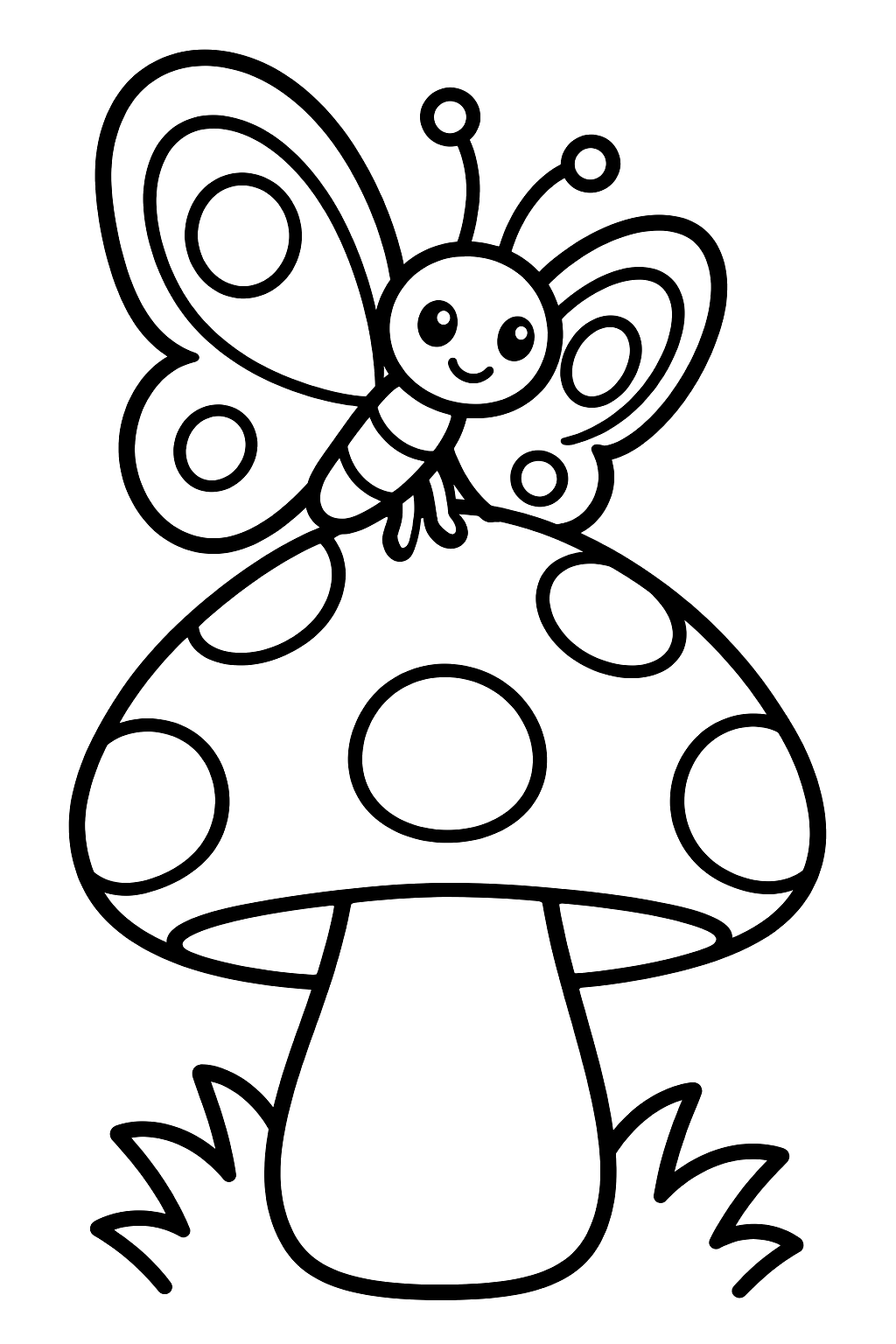 Mushroom with a butterfly landing gently on its round cap coloring page