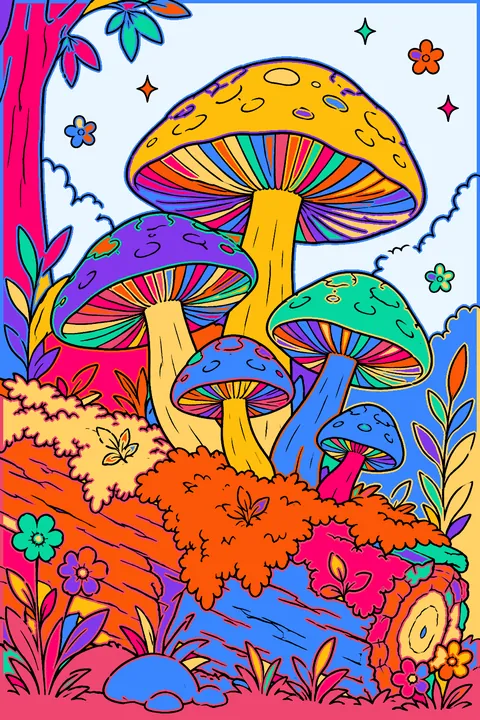 Mushroom cluster growing on a mossy log, drawn realistically with gills and texture coloring page