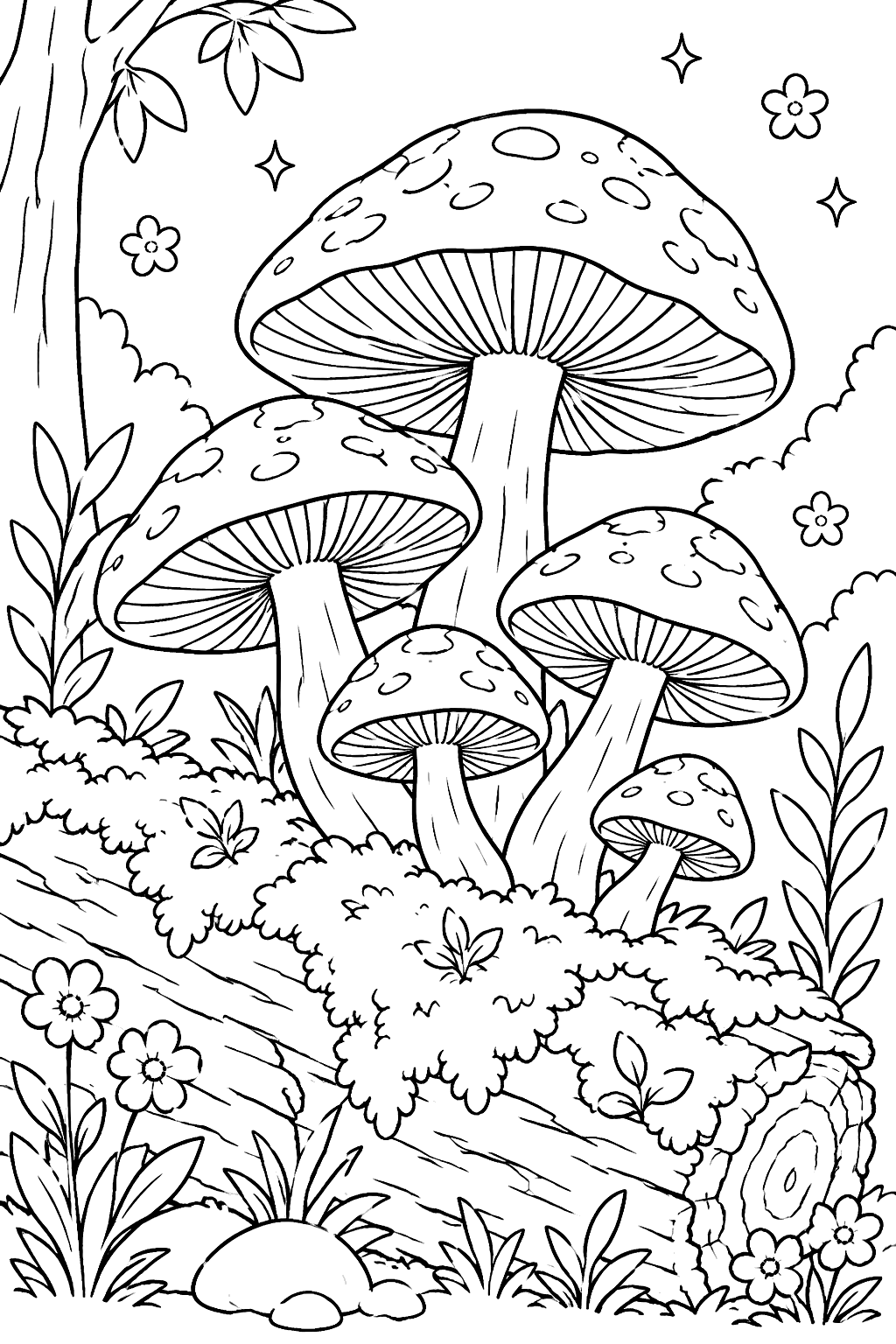 Mushroom cluster growing on a mossy log, drawn realistically with gills and texture coloring page