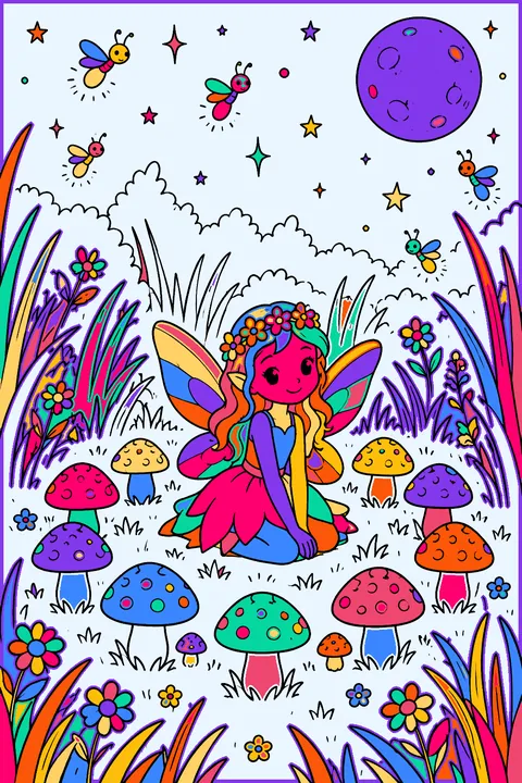 Mushroom fairy ring in a moonlit meadow with fireflies and tall grass coloring page