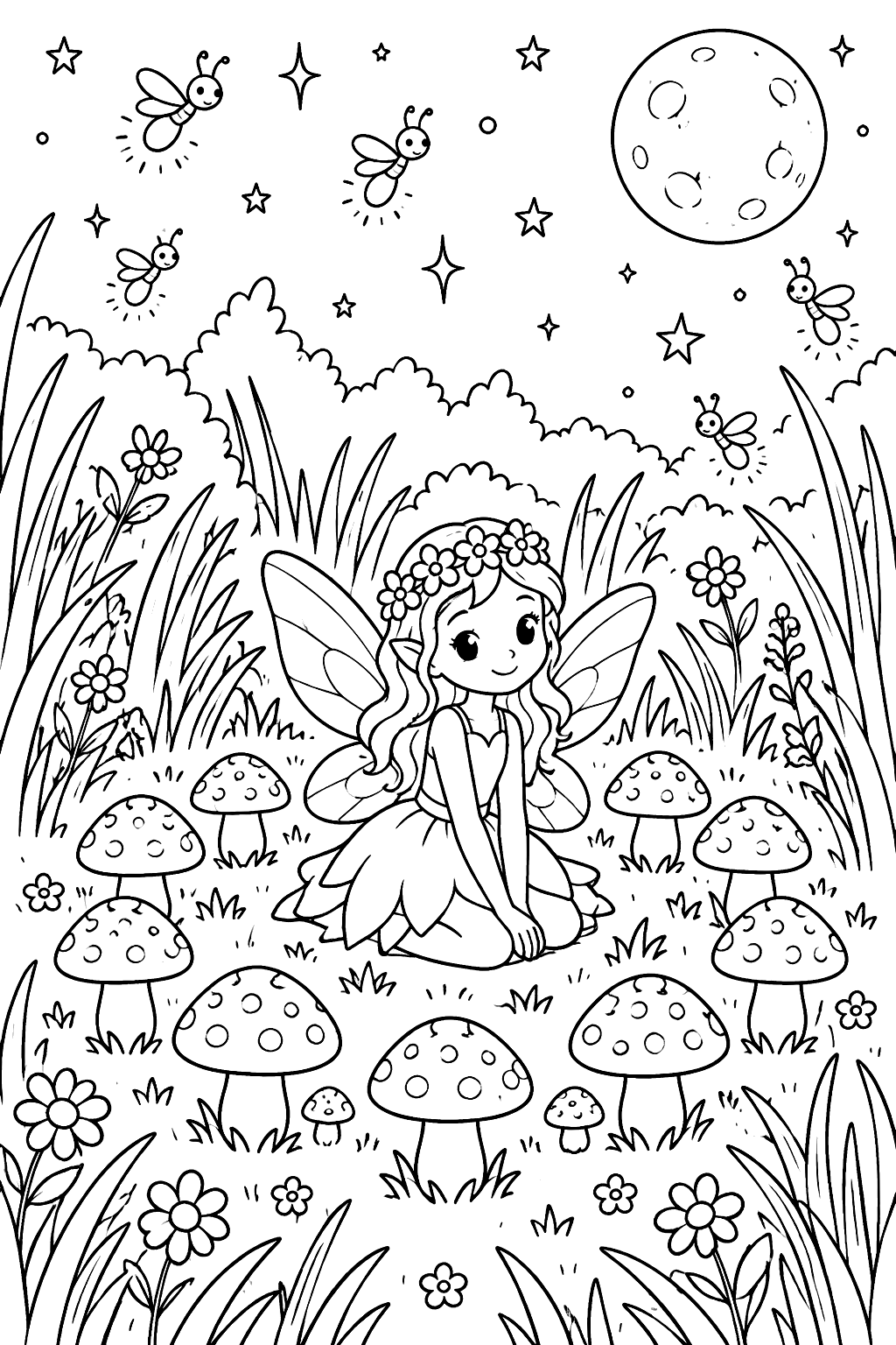 Mushroom fairy ring in a moonlit meadow with fireflies and tall grass coloring page