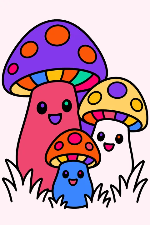 Mushroom family of three cute mushrooms standing in the grass coloring page