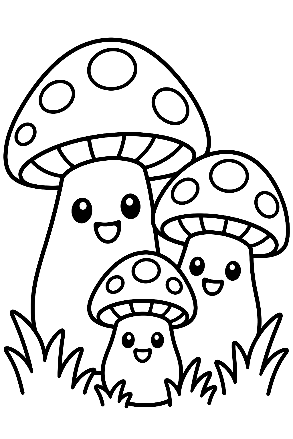Mushroom family of three cute mushrooms standing in the grass coloring page