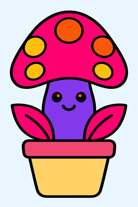 Mushroom growing in a small flower pot with two leaves coloring page