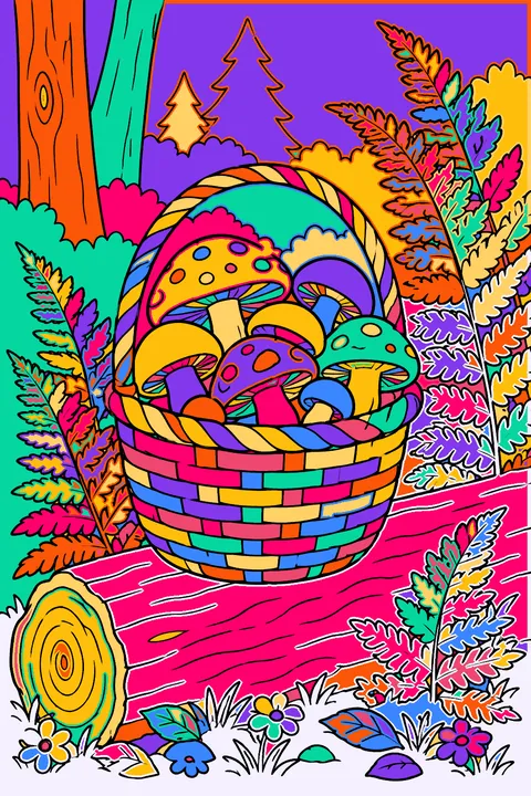 Mushroom basket full of mushrooms on a forest log beside ferns coloring page