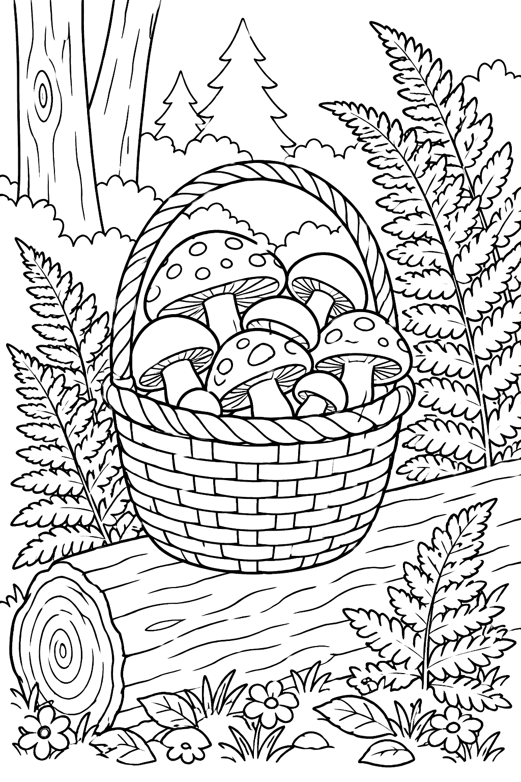 Mushroom basket full of mushrooms on a forest log beside ferns coloring page