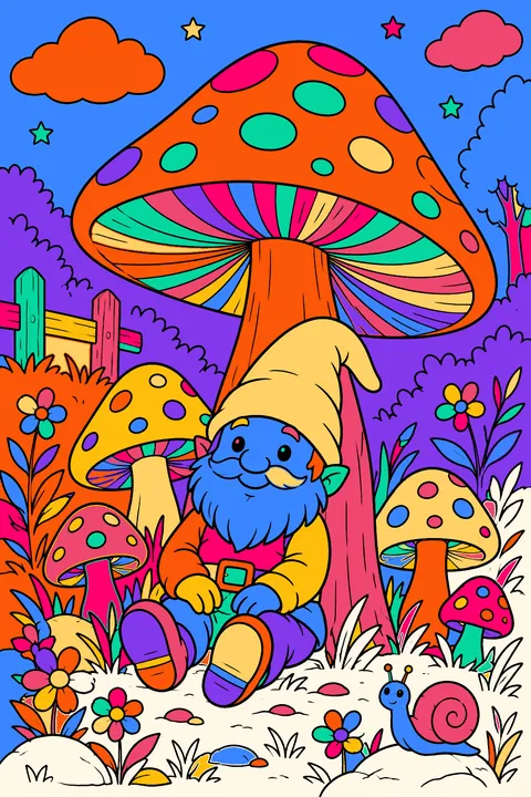 Mushroom garden with a little gnome sitting under a tall toadstool coloring page