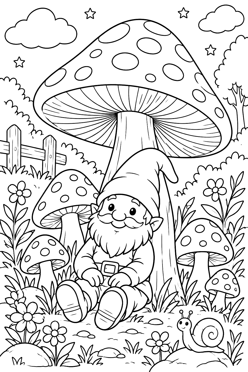 Mushroom garden with a little gnome sitting under a tall toadstool coloring page