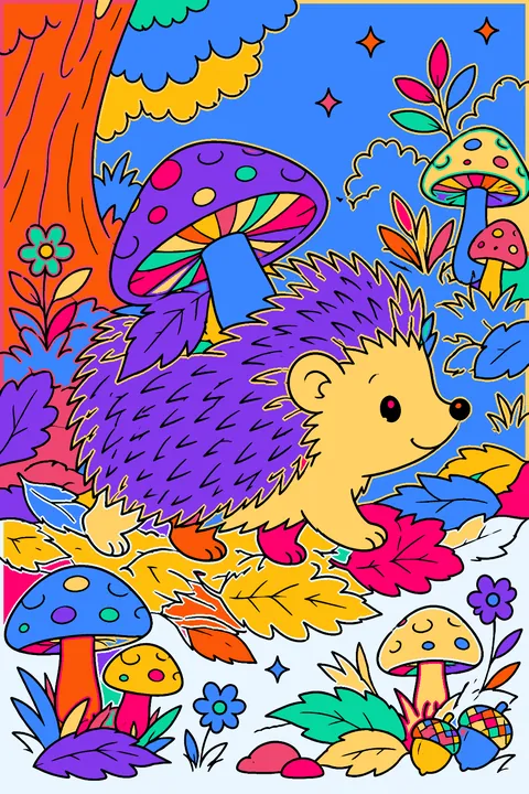 Mushroom patch with a hedgehog carrying a mushroom on its back through leaves coloring page