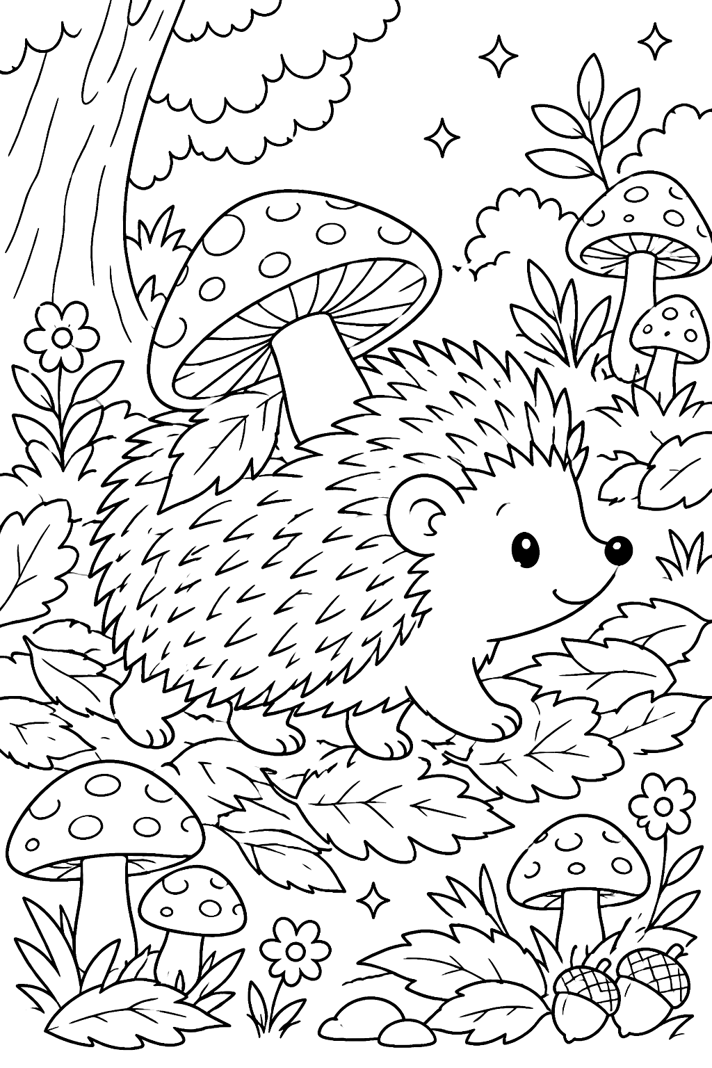 Mushroom patch with a hedgehog carrying a mushroom on its back through leaves coloring page