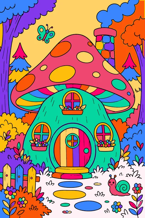 Mushroom house with a round door, windows and a chimney in the forest coloring page