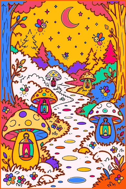 Mushroom lanterns lining a forest path at night with fireflies coloring page