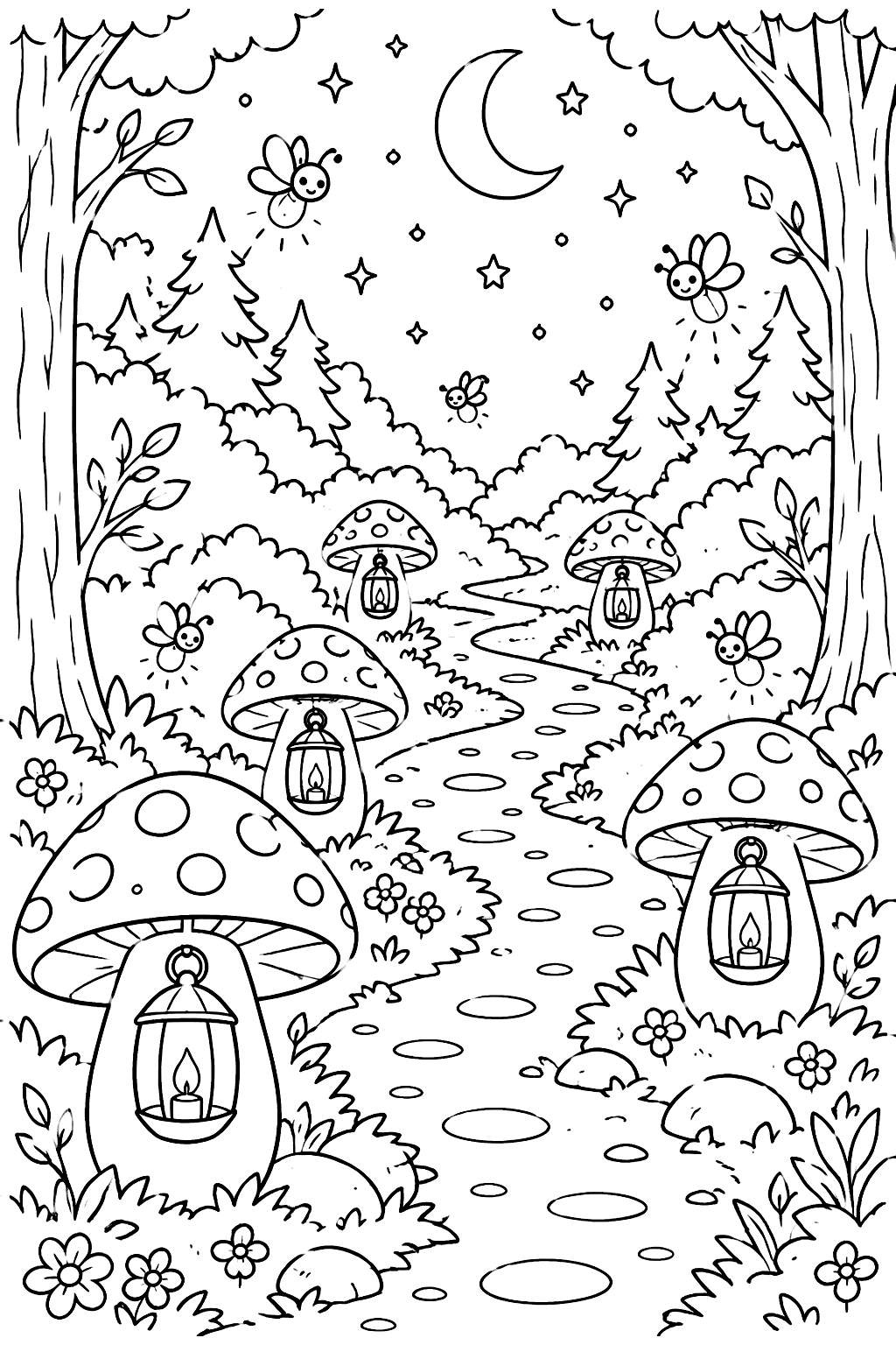 Mushroom lanterns lining a forest path at night with fireflies coloring page