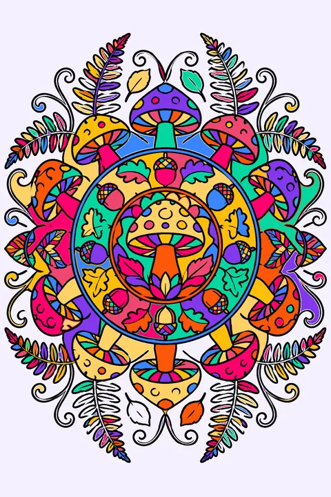 Mushroom mandala with rings of toadstools, ferns, acorns and swirling vines coloring page