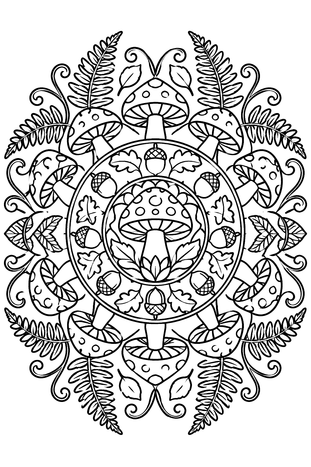 Mushroom mandala with rings of toadstools, ferns, acorns and swirling vines coloring page