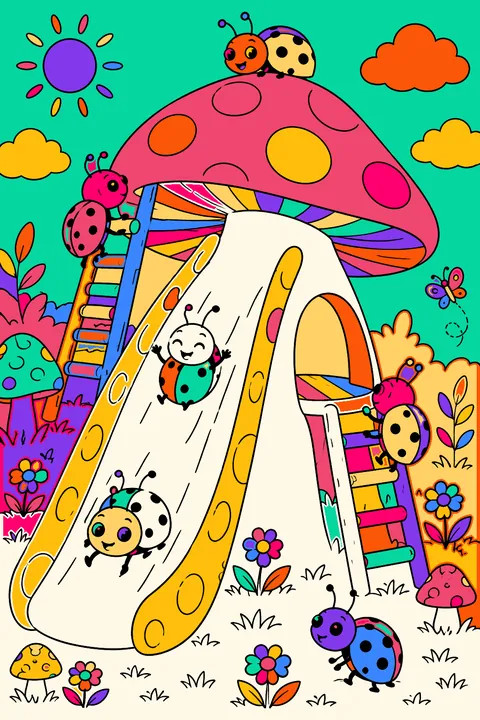 Mushroom playground with ladybugs sliding down a toadstool slide and climbing ladders coloring page