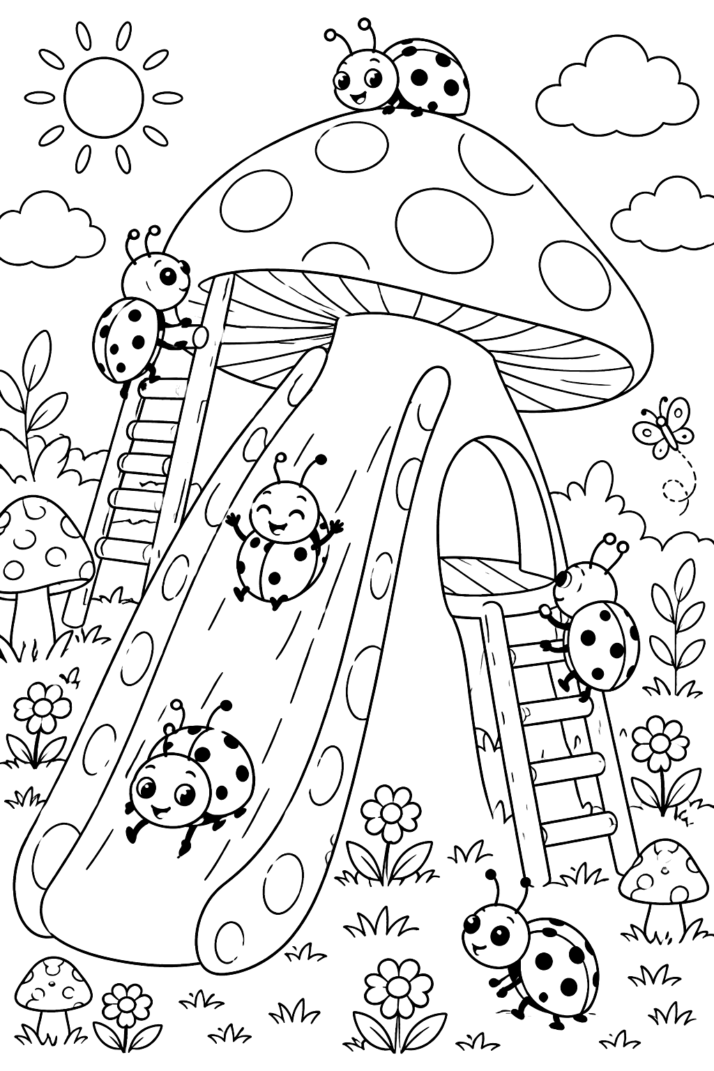 Mushroom playground with ladybugs sliding down a toadstool slide and climbing ladders coloring page