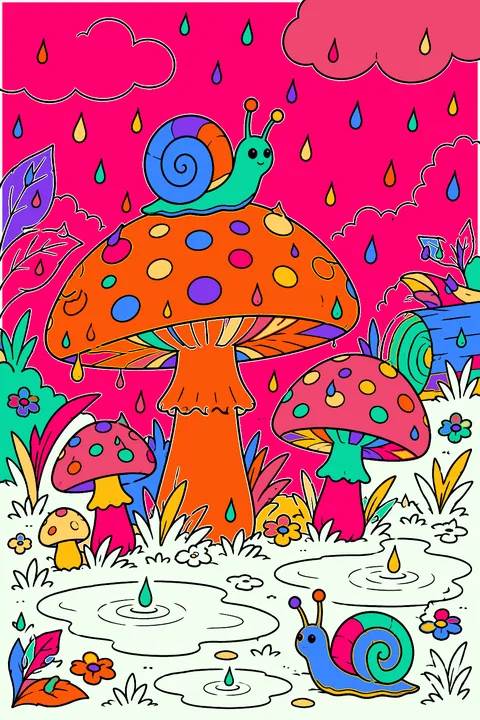 Mushroom patch on a rainy day with puddles, snails and raindrops coloring page