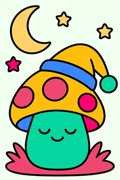 Mushroom sleeping in a nightcap under a crescent moon coloring page