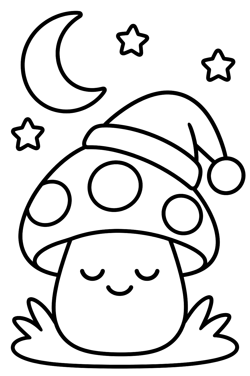 Mushroom sleeping in a nightcap under a crescent moon coloring page