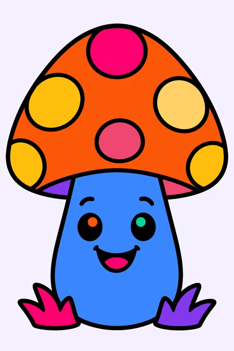 Mushroom with a big spotted cap and a smiling face coloring page