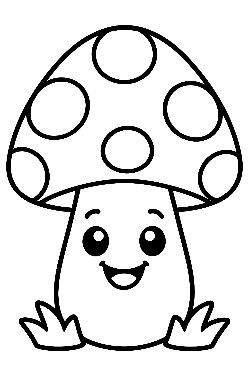 Mushroom with a big spotted cap and a smiling face coloring page