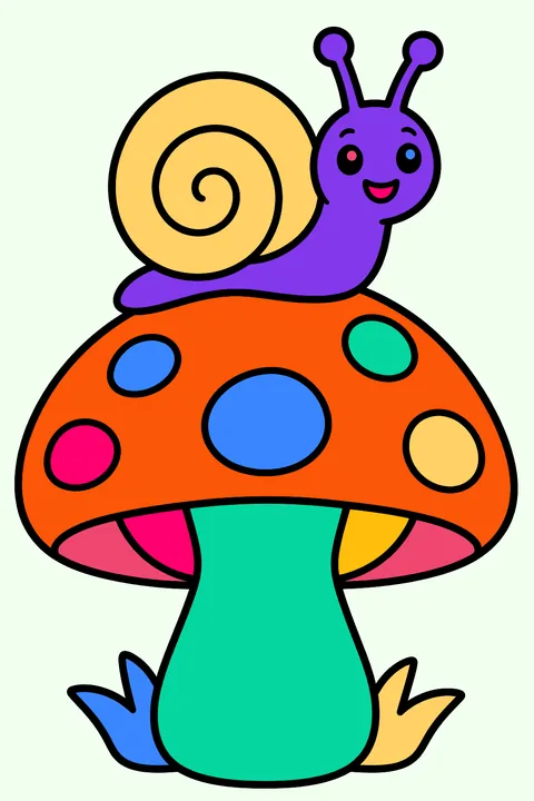 Mushroom with a happy snail resting on top of its cap coloring page