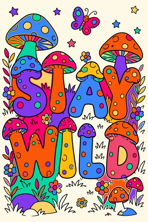 Mushroom lettering spelling stay wild in big outline letters with toadstools coloring page