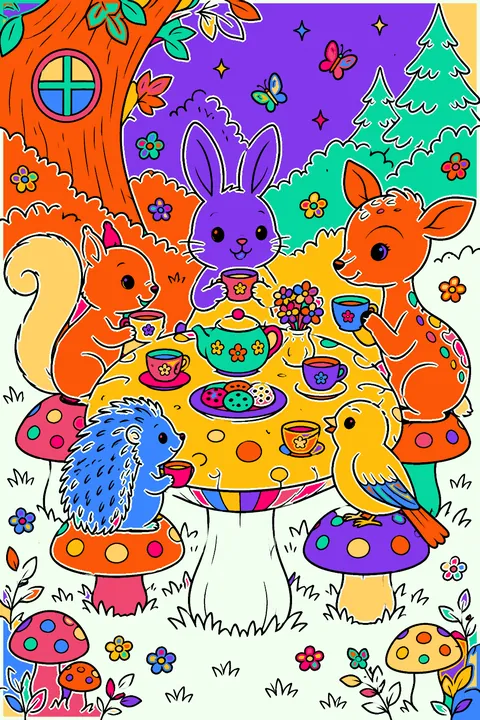 Mushroom tea party with woodland animals around a toadstool table coloring page