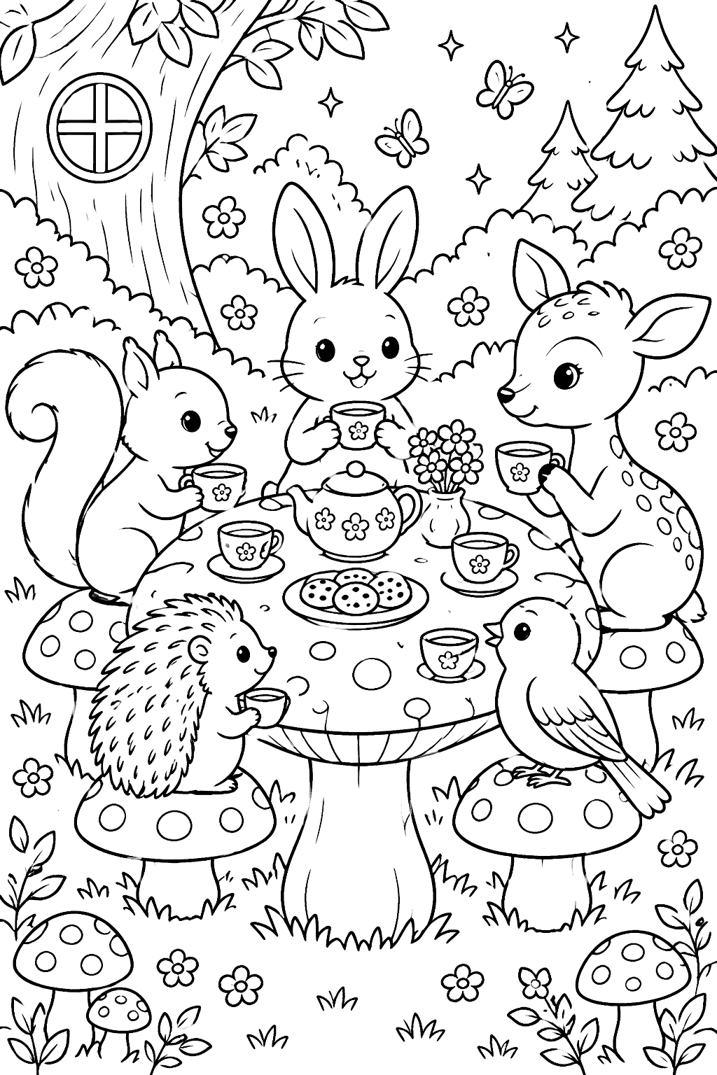 Mushroom tea party with woodland animals around a toadstool table coloring page