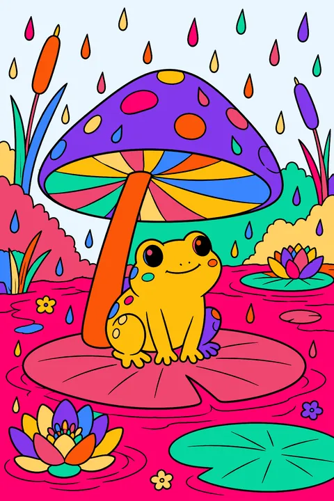 Mushroom umbrella sheltering a little frog from the rain on a lily pad coloring page