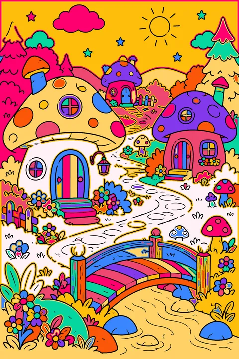 Mushroom village with tiny houses, a winding path and a wooden bridge coloring page