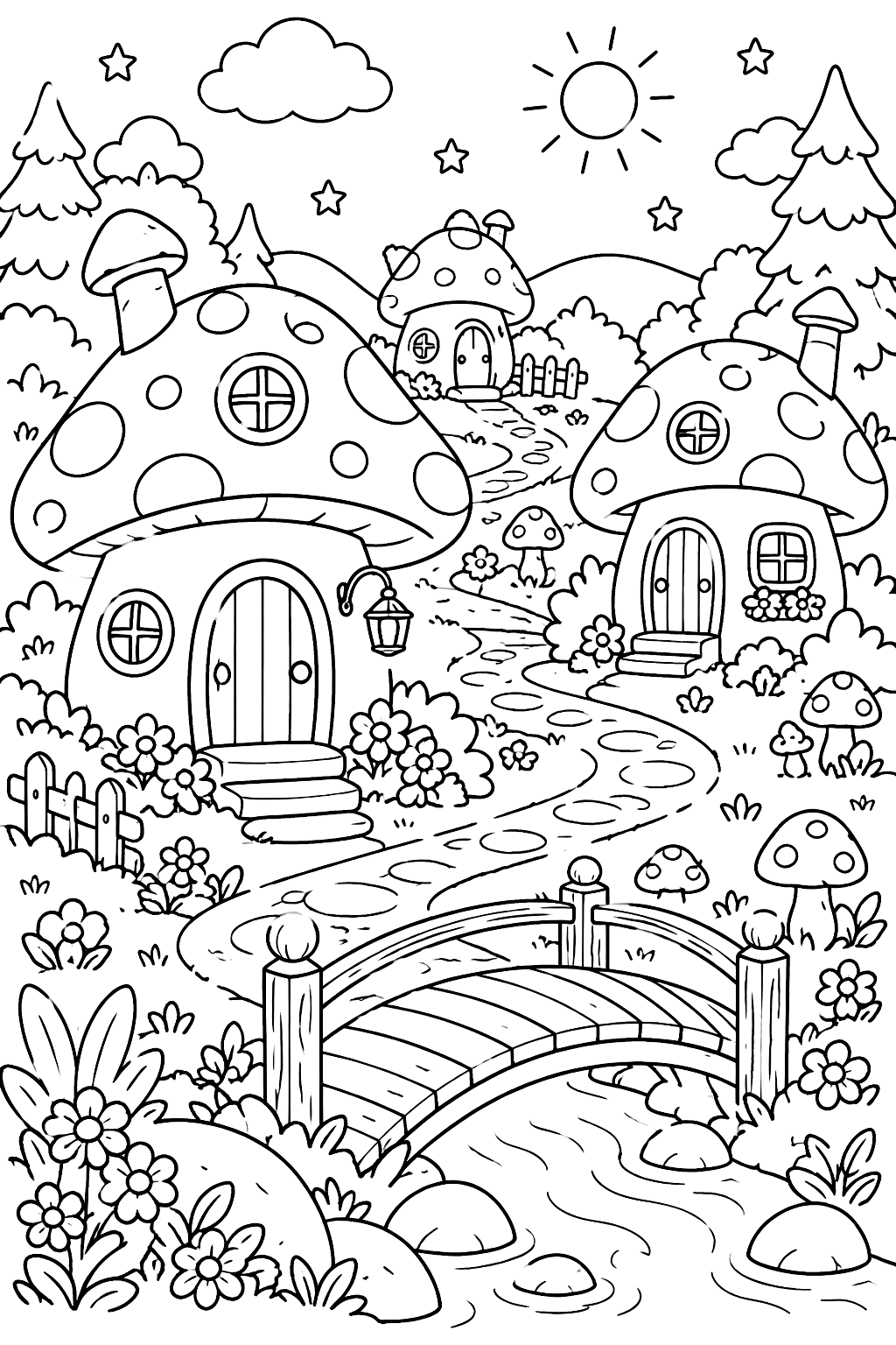 Mushroom village with tiny houses, a winding path and a wooden bridge coloring page