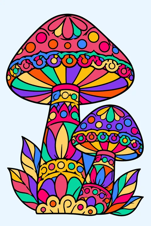 Mushroom pair filled with intricate zentangle patterns, dots and lacy borders coloring page
