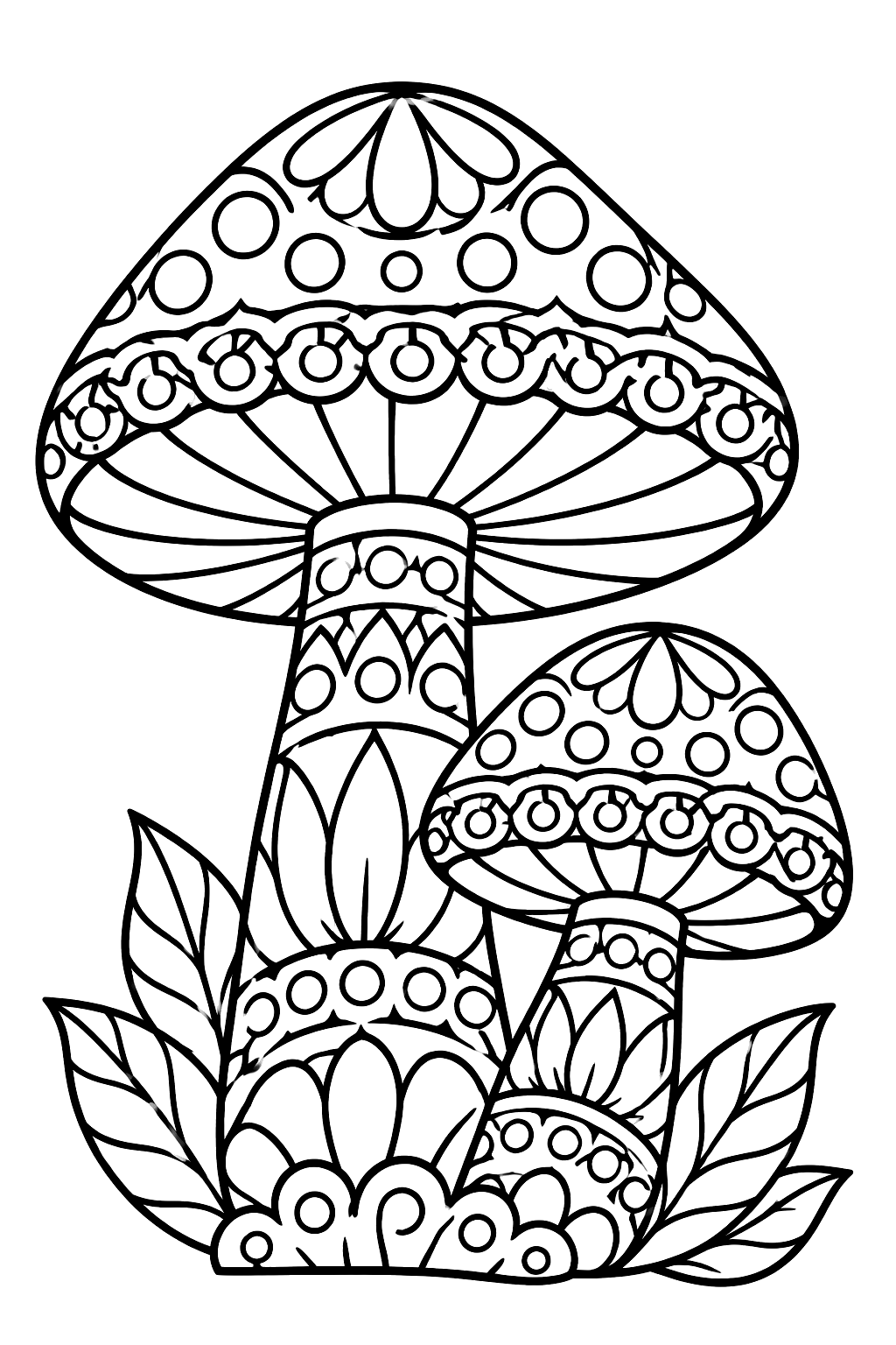 Mushroom pair filled with intricate zentangle patterns, dots and lacy borders coloring page