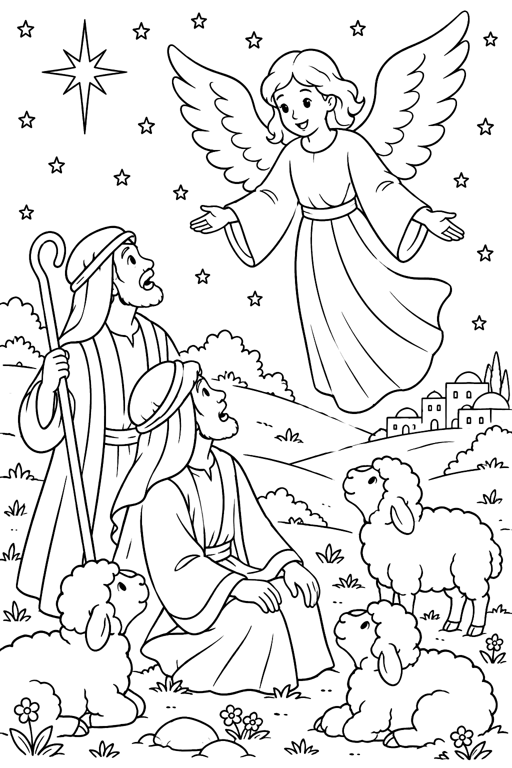 Angel appearing to shepherds and their sheep on a starry hillside coloring page