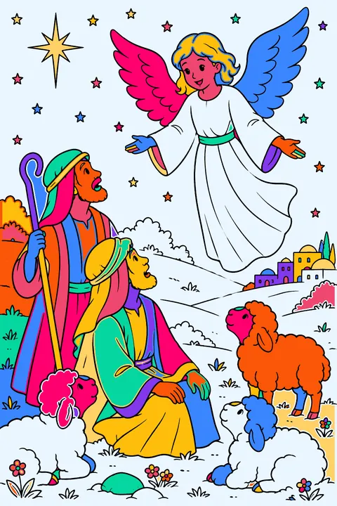 Angel appearing to shepherds and their sheep on a starry hillside coloring page