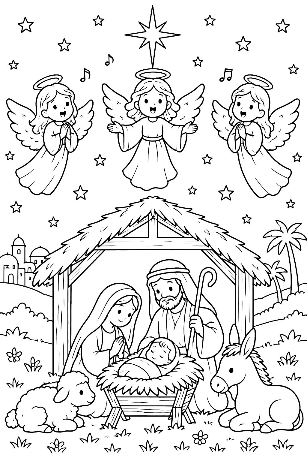Angels singing in the night sky above the stable coloring page