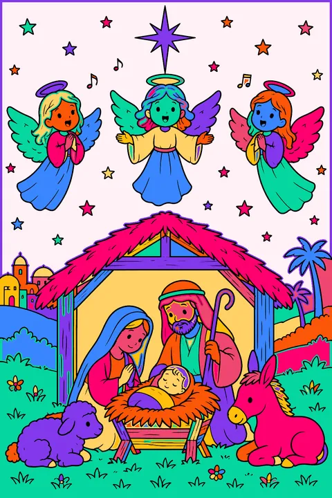 Angels singing in the night sky above the stable coloring page
