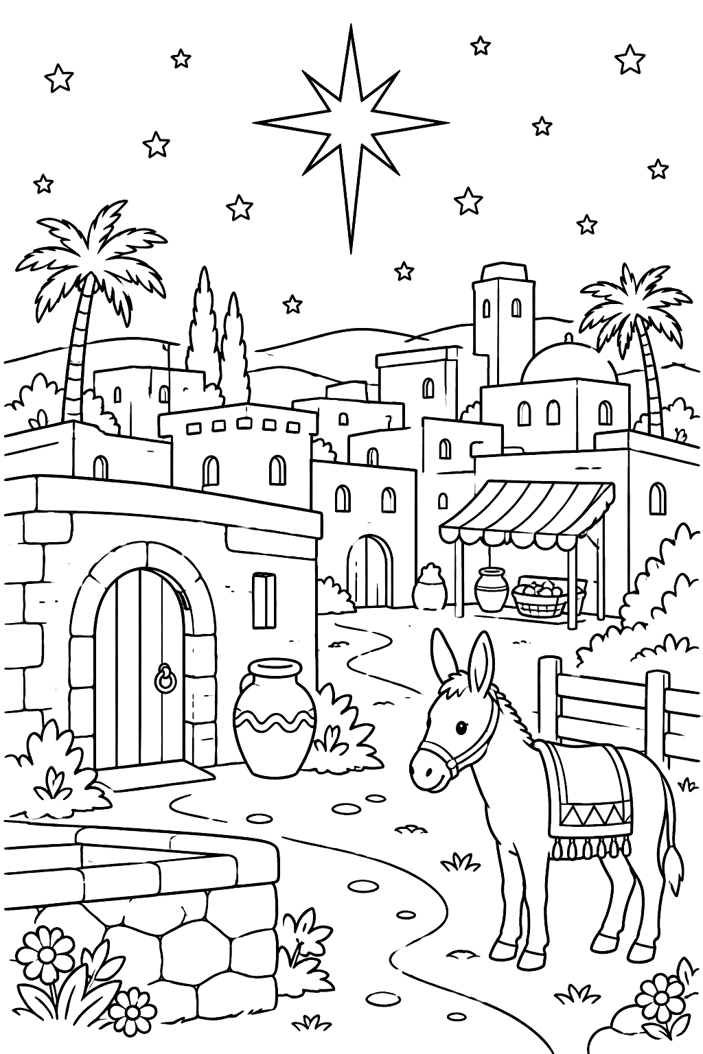 Little town of bethlehem with flat roofs under a large star coloring page