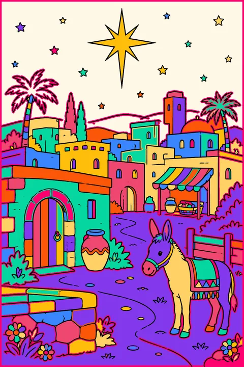 Little town of bethlehem with flat roofs under a large star coloring page
